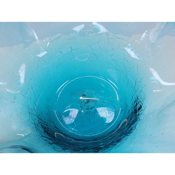 Vintage Blenko Glass Bowl Crackle Fluted Crimped Blue 9" - Picture 7 of 7